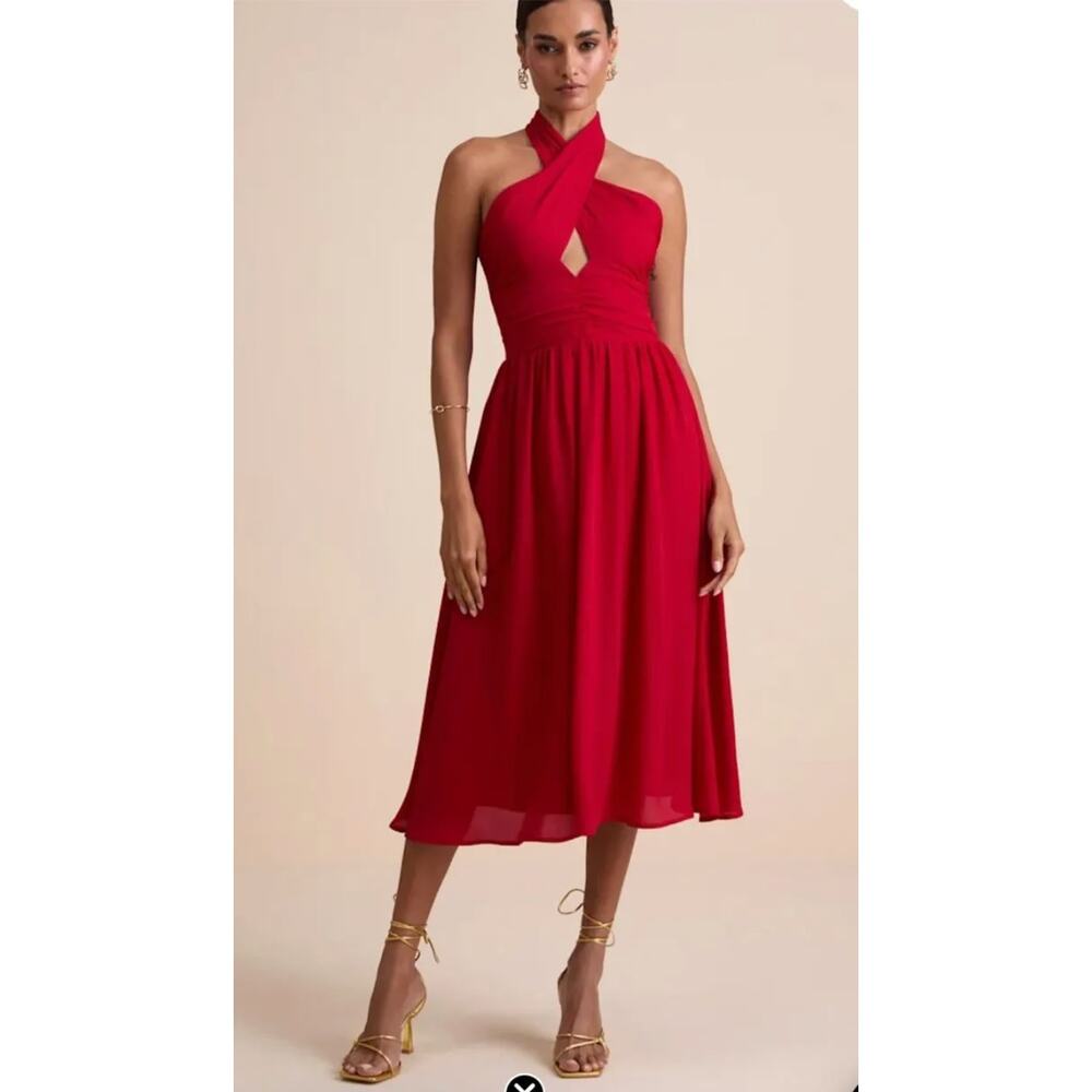 Lulus Emrah Red Cross-front Cutout Halter Midi Dress Large